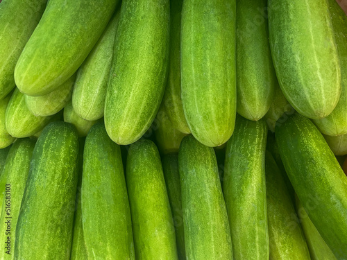 Cucumbers top view, greenhouse cucumbers, long cucumbers, vegetables harvest, food background