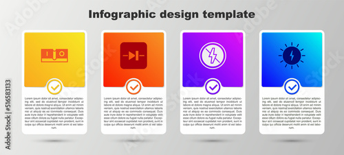 Set Electric light switch, Diode in electronic circuit, No lightning and Solar energy panel. Business infographic template. Vector