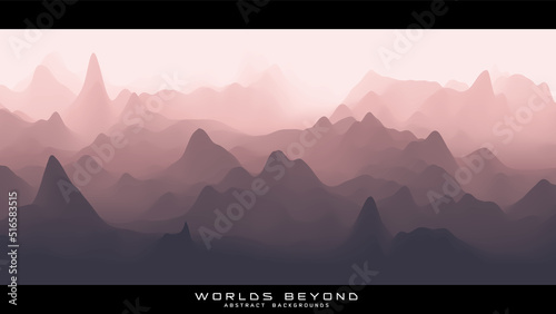 Abstract reddish landscape with misty fog till horizon over mountain slopes. Gradient eroded terrain surface. Worlds beyond.