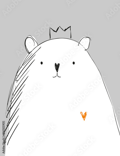 Cute Hand Drawn White King Bear Vector Illustration. Lovely Nursery Art with Funny Dreamy Big Bear on a Light Gray Background. Kids Room Decoration. Simple Sketched Teddy Bear ideal for Card, Poster.