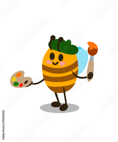 Cartoon bee artist with palette and brush. vector illustration. Image isolated on white background. Design element