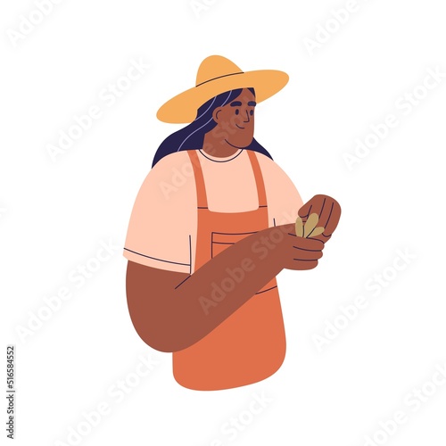 Female farmer holding seedling, plant, sprout with green leaf in hand. Black woman, farm worker growing, caring about vegetation. Flat graphic vector illustration isolated on white background