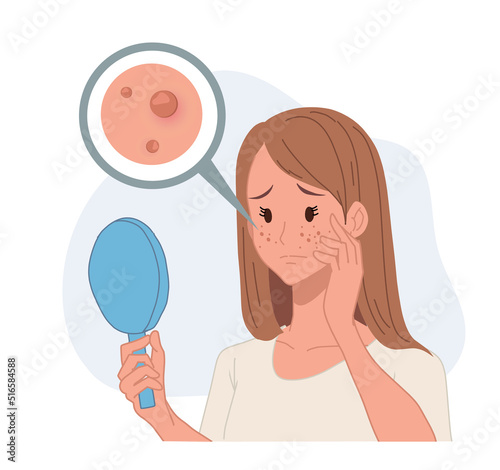 woman looking into mirror,acne problem.skin problem. skin care concept. Flat vector cartoon character illustration.