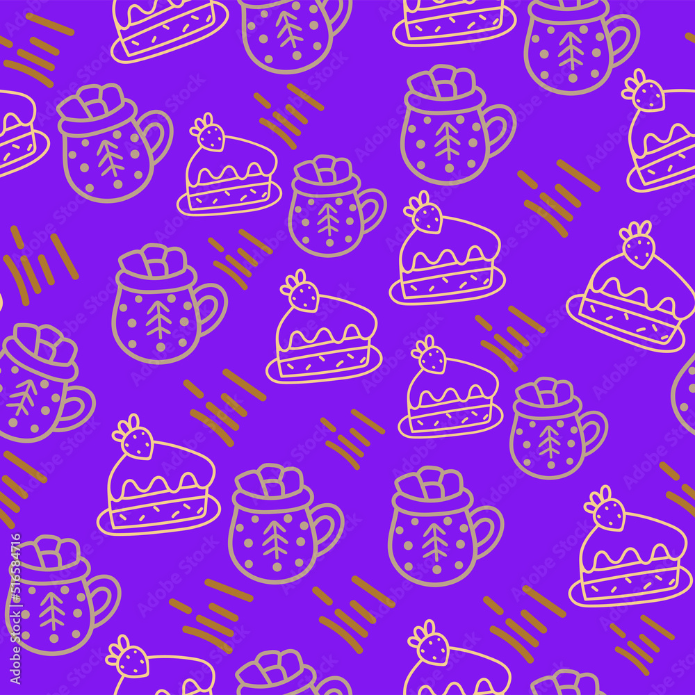 Christmas pattern with cute gifts, christmas cake and mug, abstract patterns on purple background. Festive background with hand drawn elements, vector illustration.