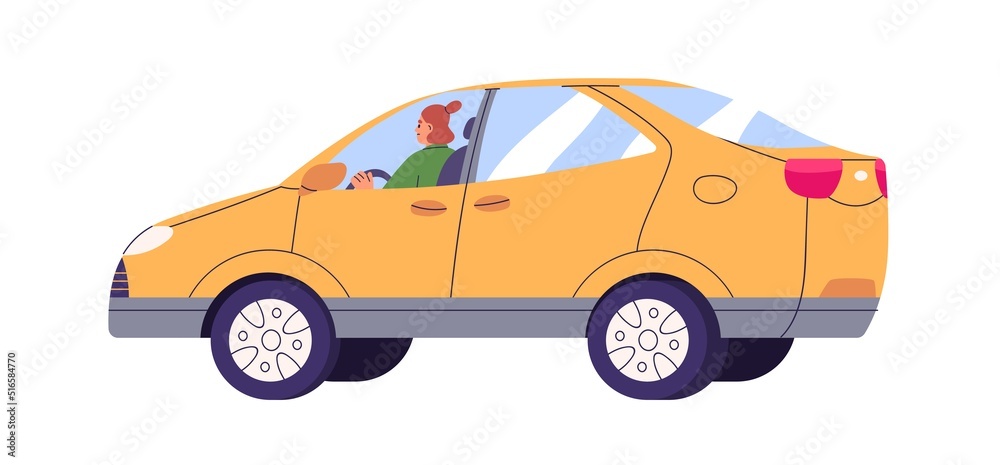 Person driving, outside view. Woman driver riding auto. Girl sitting inside automobile behind steering wheel. Female rider in transport. Flat vector illustration isolated on white background