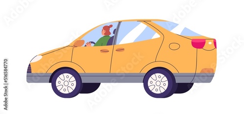 Person driving  outside view. Woman driver riding auto. Girl sitting inside automobile behind steering wheel. Female rider in transport. Flat vector illustration isolated on white background