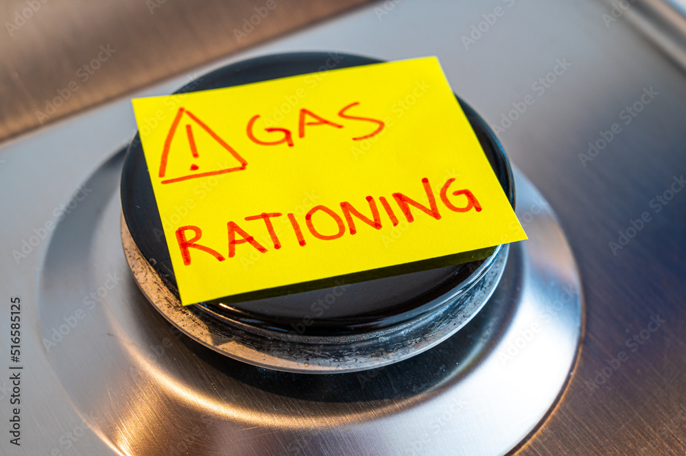 Gas stove, with yellow note next to it with the text "gas rationing