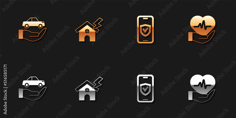 Set Car insurance, House and lightning, Insurance online and Life icon. Vector Set Car insurance, House and lightning, Insurance online and Life icon. Vector