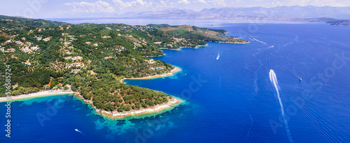  Greece, Ionian islands. nature scenery of Corfu island. Kerasi beach and bay aerial view, eastern part in front of Albania.