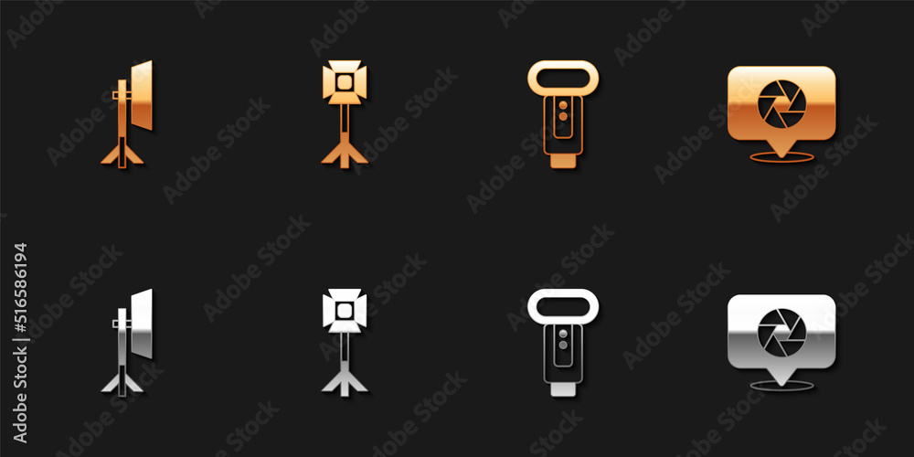 Set Studio light bulb in softbox, Photo camera flash and Camera shutter icon. Vector