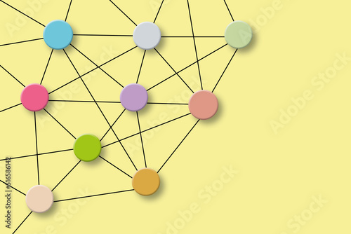 Colourful circles with line on pastel background. Concept for social media networking, network connected, communication, teamwork, community and society. copy space. illustration of 3d paper art style
