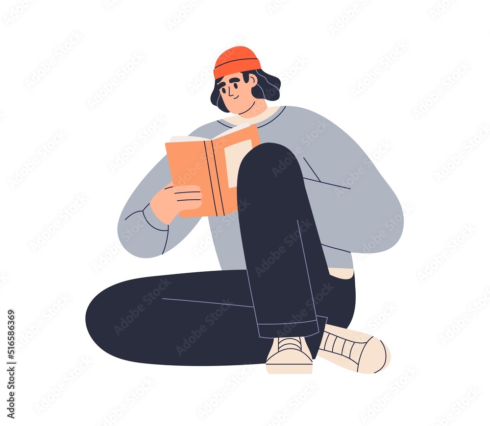 Young man holding open paper book in hands at leisure time. Person reading. Literature, abstract novel reader. Student studying for exam. Flat vector illustration isolated on white background