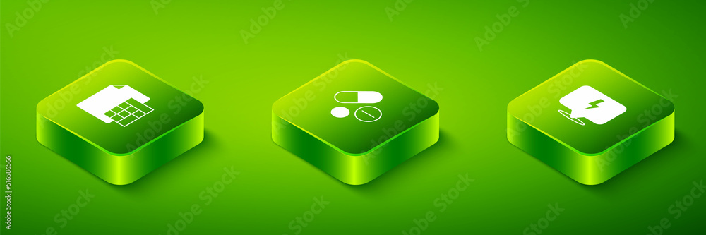 Fototapeta premium Set Isometric Medicine pill or tablet, Lightning bolt and Calculator icon. Vector