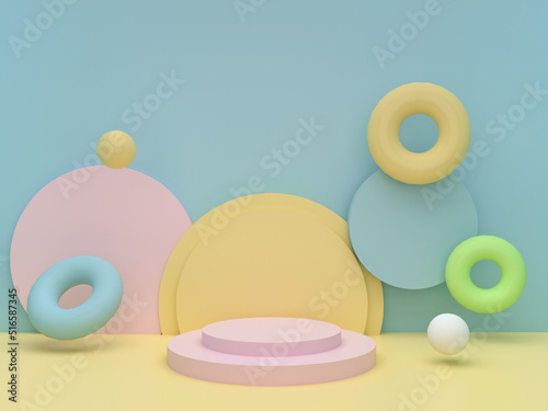 Step stage podium with colorful pastel rings on blue background. Pedestal for kid product presentation. Geometric 3D render photo