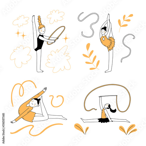 Do sport doodle flat hand drawn illustrations. Simple line vector characters design. Summer sport illustration. Gymnast cartoon drawing set.