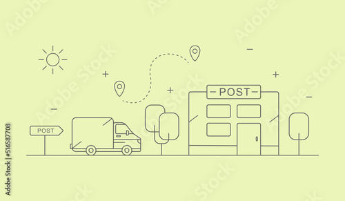 Delivery truck and two markers and post office building