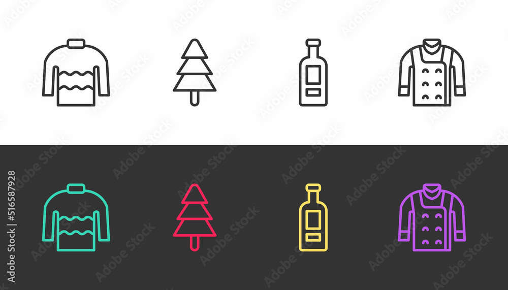 Set line Sweater, Tree, Bottle of vodka and on black and white. Vector Set line Sweater, Tree, Bottle of vodka and on black and white. Vector