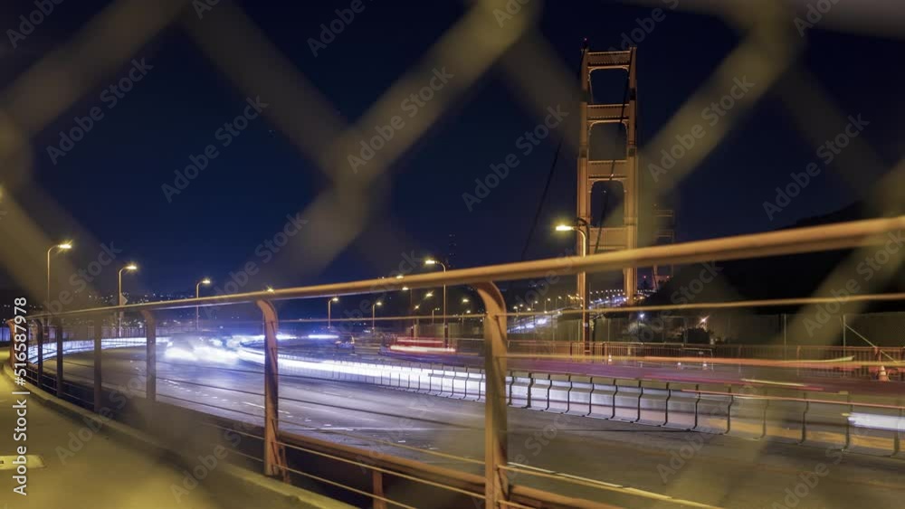 Golden Gate Bridge Traffic Shallow Depth of Field Through Chain Link Fence Night Timelapse