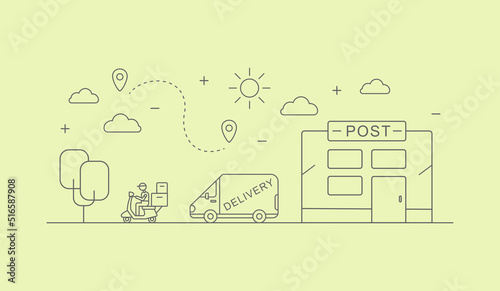 The delivery truck is going to deliver the goods along with the courier on a bike from the post office building stroke