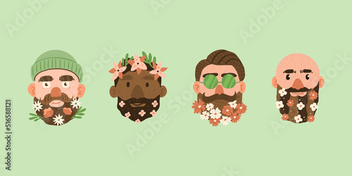Men with flowers in his beard. Simple hand drawn vector illustration