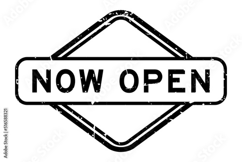 Grunge black now open word rubber seal stamp on white background
