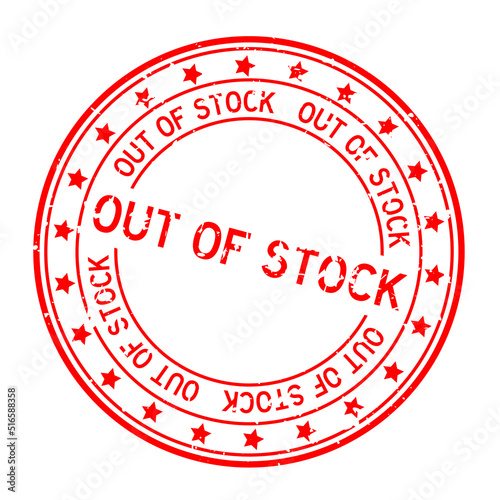 Grunge red out of stock word with star icon round rubber seal stamp on white background
