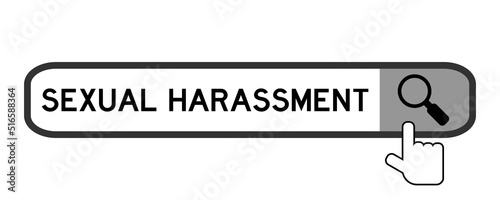 Search banner in word sexual harassment with hand over magnifier icon on white background