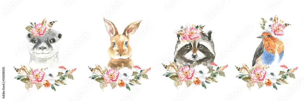 Fototapeta premium Watercolor woodland boho animal set of forest isolated cute otter,bunny,racoon,bird illustration.Baby animals with flower frame and color splashes. Nursery animal portrait for baby shower, greeting 