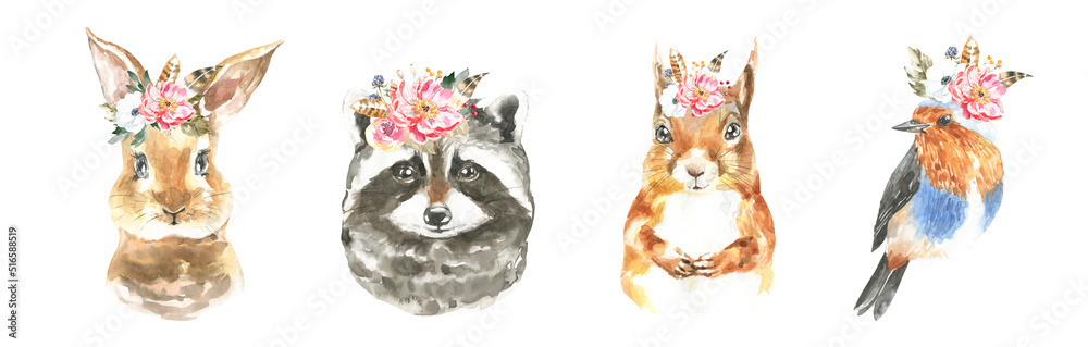 Obraz premium Watercolor woodland boho animal set of forest isolated cute illustration.Baby animals with flower frame and color splashes. Nursery animal portrait for baby shower, greeting