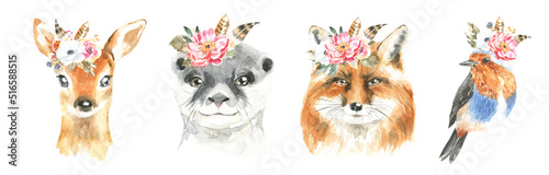Watercolor woodland boho animal set of forest isolated cute deer,otter,fox,bird illustration.Baby animals with flower frame and color splashes. Nursery animal portrait for baby shower, greeting

