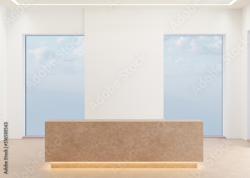 White reception counter in modern room with white walls and panoramic windows. Blank registration desk in hotel or office. Reception mock up with copy space for branding, logo. 3D rendering.