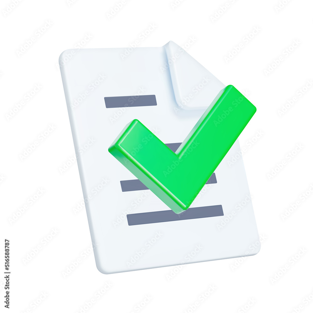 Checking a document 3d icon. Checkmark and a sheet of text. Isolated object on a transparent background Checking a document 3d icon. Checkmark and a sheet of text. Isolated object on a transparent background