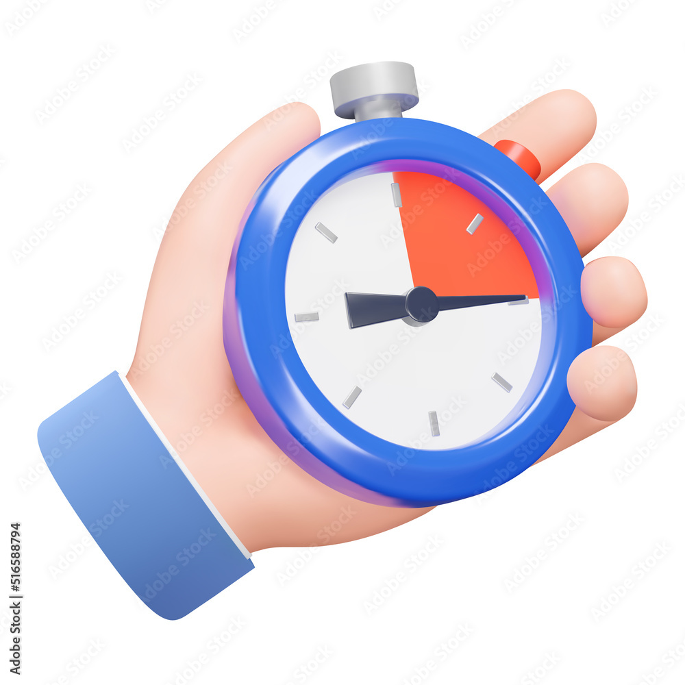 Stopwatch in hand 3d icon. Arrow at 15 seconds, red color of elapsed