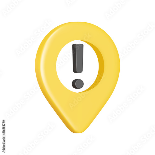 Map pin with exclamation point 3d icon. Warning on map. Isolated object on a transparent background