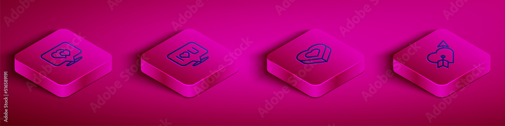 Set Isometric line Location with heart, Speech bubble text I love you, Candy in shaped box and Amour arrow icon. Vector Set Isometric line Location with heart, Speech bubble text I love you, Candy in shaped box and Amour arrow icon. Vector