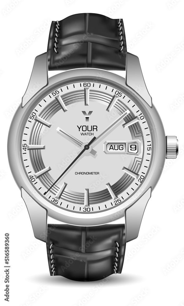 Realistic watch face silver leather strap black on white design classic luxury vector Realistic watch face silver leather strap black on white design classic luxury vector