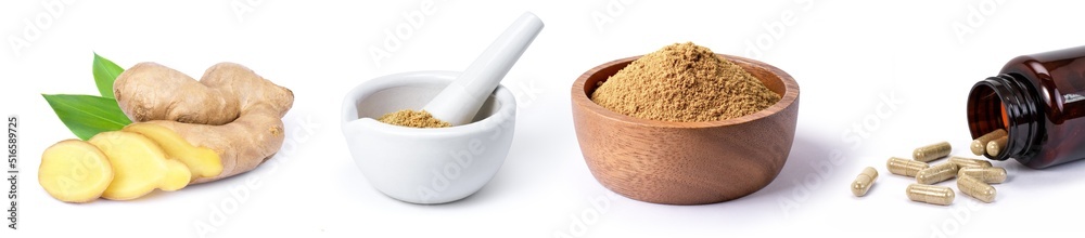Fresh ginger root with ginger powder in ceramic mortar and wooden bowl with medicine capsule pill in brown bottle isolated on white background. Fresh ginger root with ginger powder in ceramic mortar and wooden bowl with medicine capsule pill in brown bottle isolated on white background.