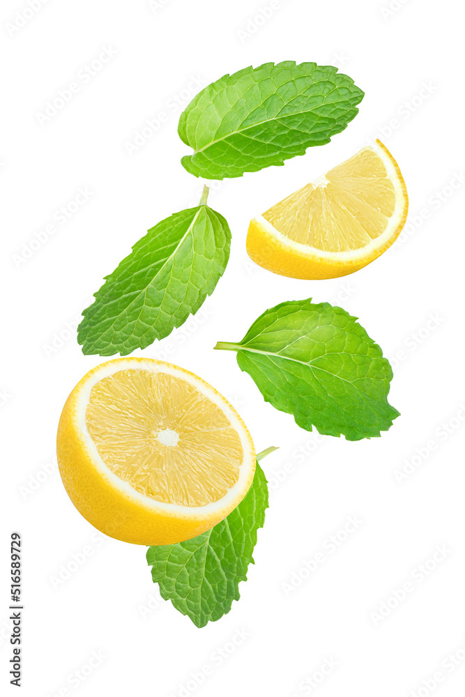Peppermint leaves (Mint leaf) and fresh lemon slice flying in the air isolated on white background. Peppermint leaves (Mint leaf) and fresh lemon slice flying in the air isolated on white background.