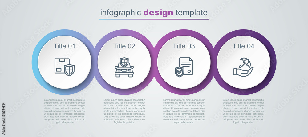 Set line Delivery security with shield, Car insurance, Contract and Umbrella hand. Business infographic template. Vector