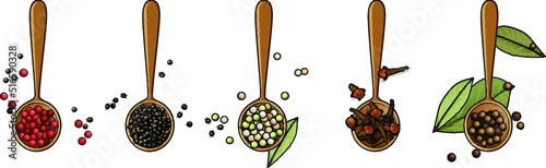 A black cutting board with a highlighted stone texture on a white background with a composition of wooden spoons with colorful peppers, coriander seeds and bay leaf.