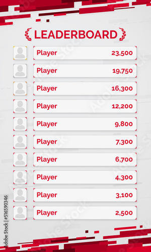 Leaderboard design with red and white diagonal rectangles on a background. List of ten players with score. Golden, silver, bronze avatar frames. Eps10 vector