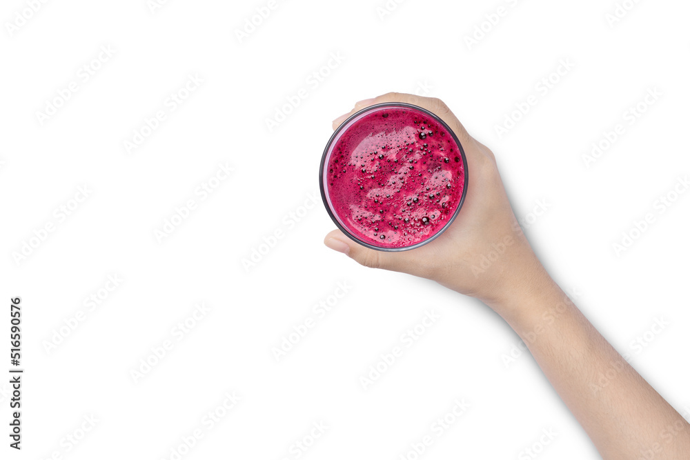 Hand hold glass of beetroot (Beet root) juice isolated on white background. Top view. Flat lay. Hand hold glass of beetroot (Beet root) juice isolated on white background. Top view. Flat lay.