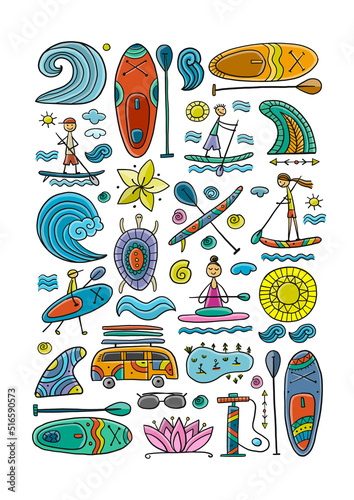 SUP boarding art frame. Stand up paddling background for your design. People on paddle boards and equipment
