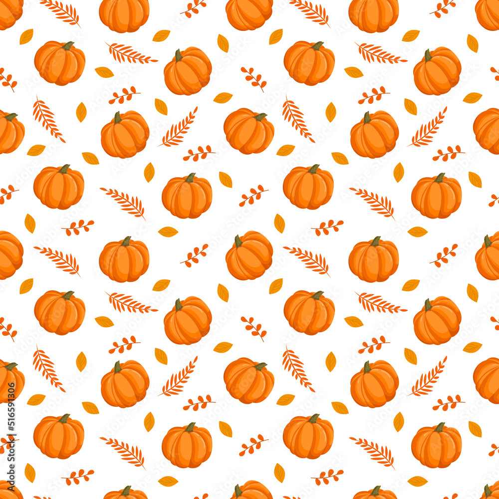 Seamless pattern with autumn pumpkins and yellow leaves. October harvest. Thanksgiving and Halloween. Vector illustration for fabrics, textures, wallpapers, posters, cards. Editable elements.
