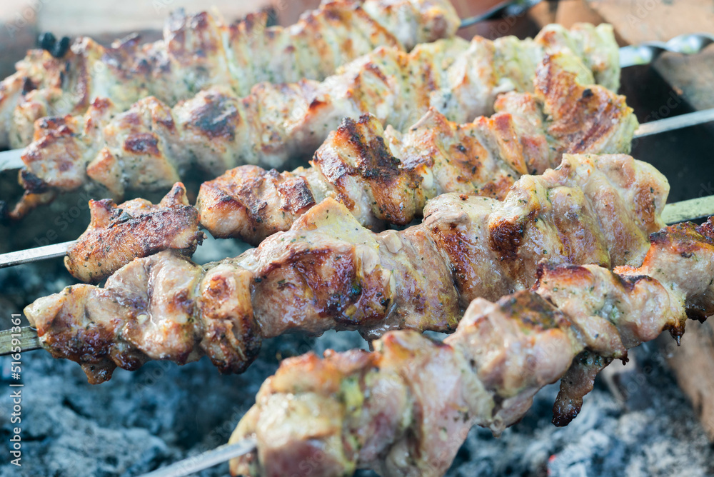 Blurred image of cooking skewers on a fire. Blurred image of cooking skewers on a fire.