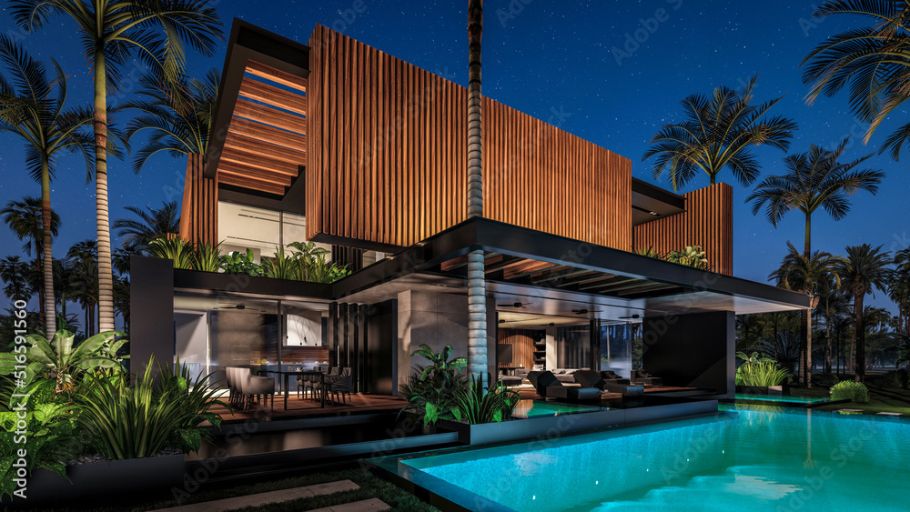 Obraz premium 3d rendering of modern cozy house with parking and pool for sale or rent with wood plank facade by the sea or ocean. Starlight night by the azure coast with palm trees and flowers in tropical island