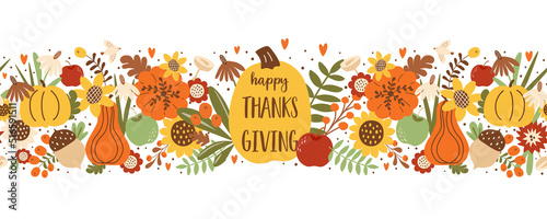 Thanksgiving day horizontal seamless border pattern. Harvest Pumpkin, autumn leaves sunflower Fall floral endless banner vector illustration. Happy Thanksgiving day decorative repeated border.