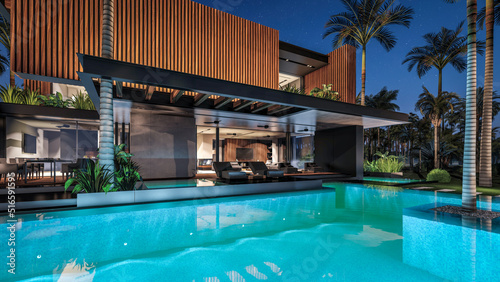 3d rendering of modern cozy house with parking and pool for sale or rent with wood plank facade by the sea or ocean. Starlight night by the azure coast with palm trees and flowers in tropical island