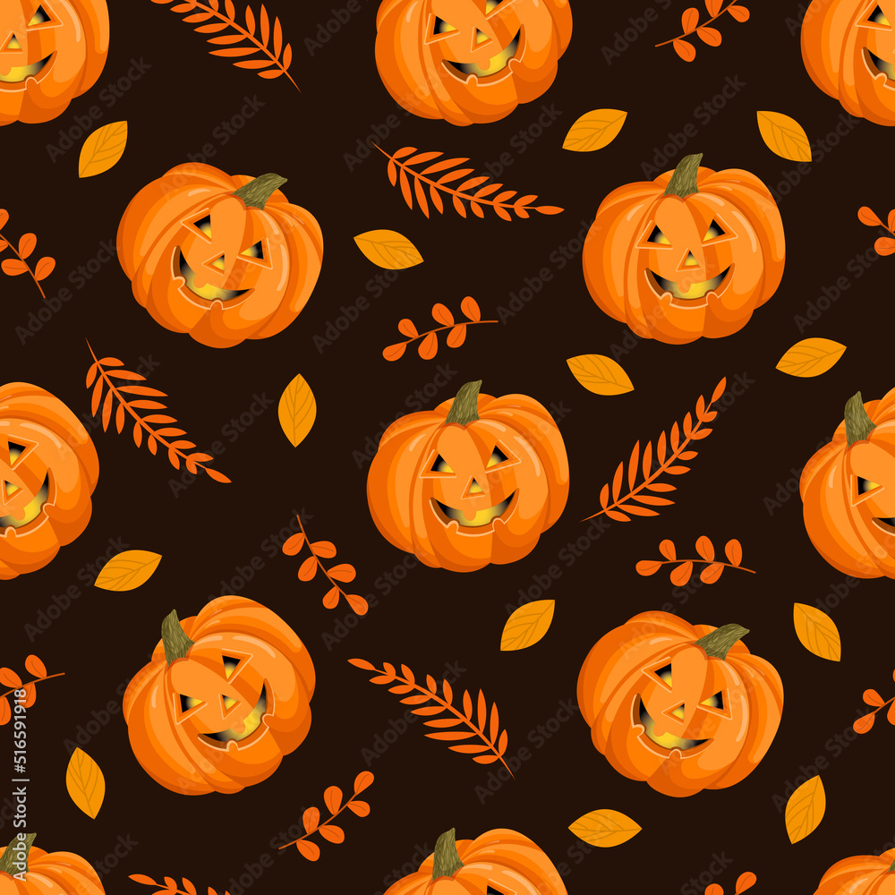 Seamless pattern with Halloween pumpkins and autumn leaves. October harvest. Vector illustration for fabrics, textures, wallpapers, posters, cards. Editable elements.