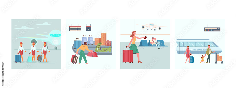 Set of Airport lounge and air travel concepts Set of Airport lounge and air travel concepts